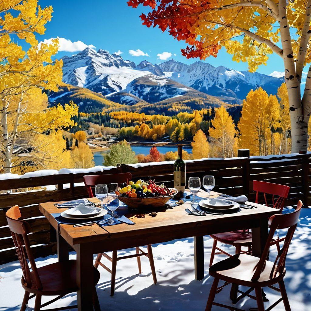 A picturesque Aspen landscape featuring a rustic wooden table elegantly set with various wine glasses filled with rich red and white wines, surrounded by gourmet dishes showcasing local ingredients. Snow-capped mountains loom in the background under a brilliant blue sky, with autumn leaves gently falling around. The scene is infused with a warm and inviting atmosphere, evoking a sense of luxury and comfort in culinary exploration. super-realistic. vibrant colors. 3D.