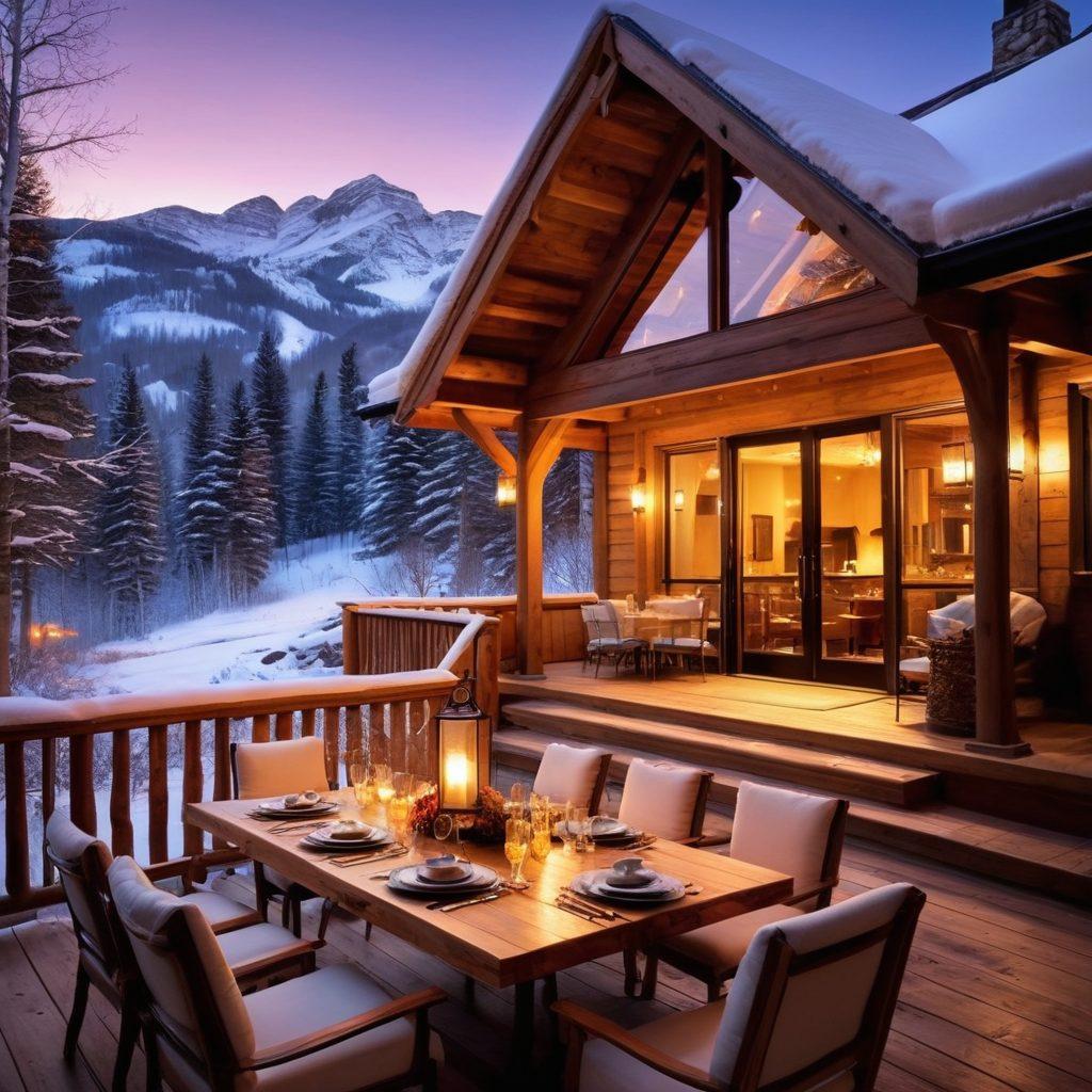 A cozy mountain cabin nestled among towering, snow-capped peaks in Aspen, with a rustic wooden deck overlooking lush valleys. A beautifully set dining table with gourmet dishes and wine glasses catches the warm sunset glow. A serene atmosphere filled with flickering lanterns and soft snowflakes falling gently. The scene conveys tranquility, adventure, and culinary delights. super-realistic. vibrant colors. warm lighting.