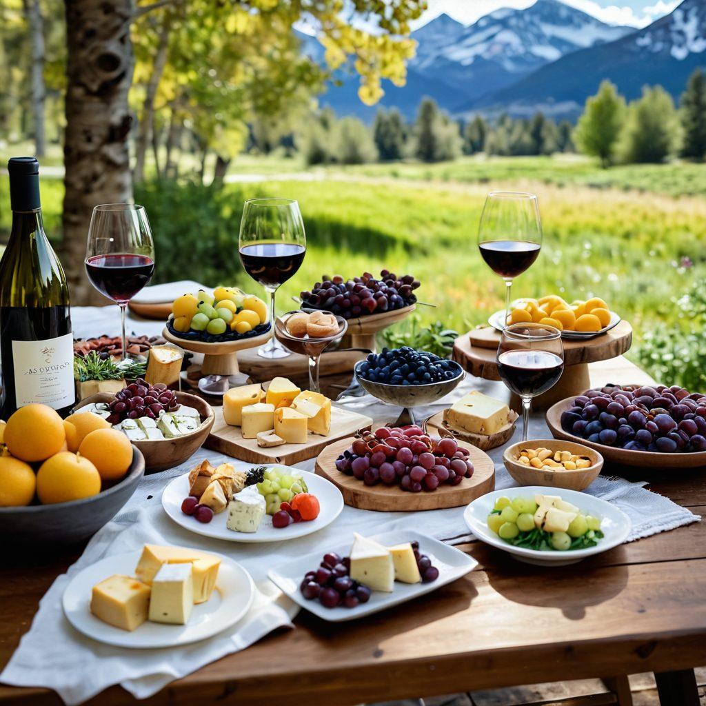 A beautifully arranged wooden table showcasing a variety of gourmet dishes paired with elegant glasses of crisp Aspen wines. The scene captures an inviting alpine setting with snow-capped mountains in the background and soft sunlight streaming through the trees. Include vibrant colors of fresh ingredients like herbs, cheeses, and ripe fruits that complement the wines. The aesthetic should evoke warmth and luxury, enticing viewers to explore the perfect food and wine pairings. super-realistic. vibrant colors. soft focus.